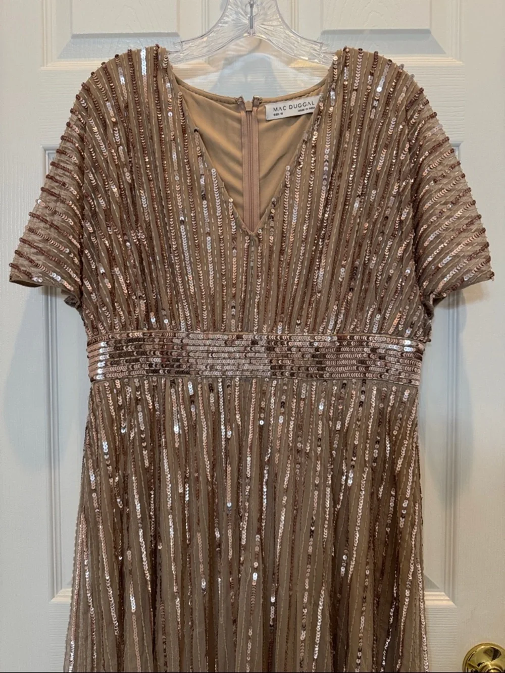 Mac Duggal 94204 Beige Embellished Short Sleeve Empire Waist Gown Size 12 NWT